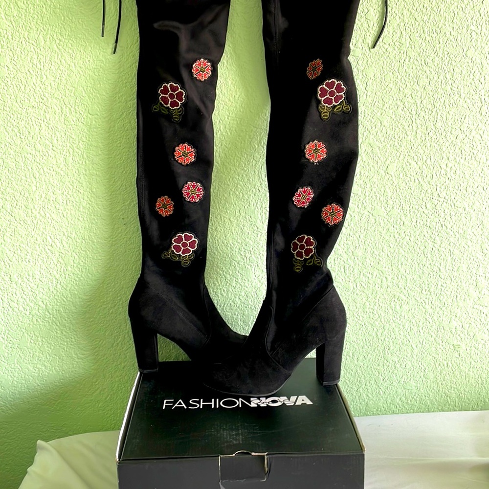 Black Floral Thigh High Boots